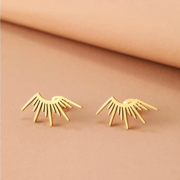 Gold Plated Stainless Steel Sun Rays Stud Earrings - Picture 2 of 2